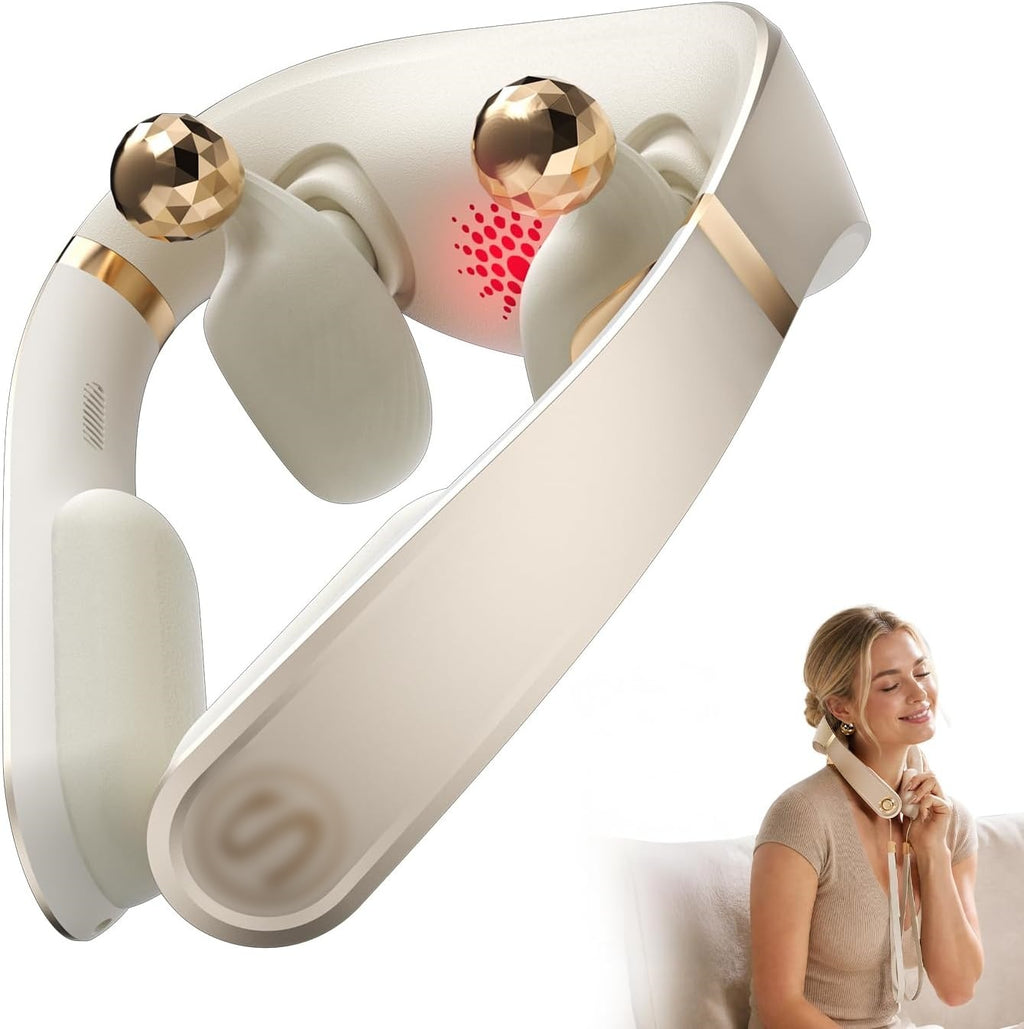 Neck Massager with Heat for Strain Relief Deep Tissue | Birthday Gifts for Women, Red Light Warmth, 360° Bionic Kneading, Cordless Portable Neck and Shoulder Shiatsu Massager