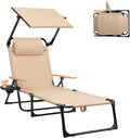 Foldable Lounge Chair with Sunshade, 4-Position Adjustable Outdoor Folding Lounge Chair with Cup Holders and Trays, Sunbathing Chair with Removable Pillow, for Garden, Beach, Patio, Pool