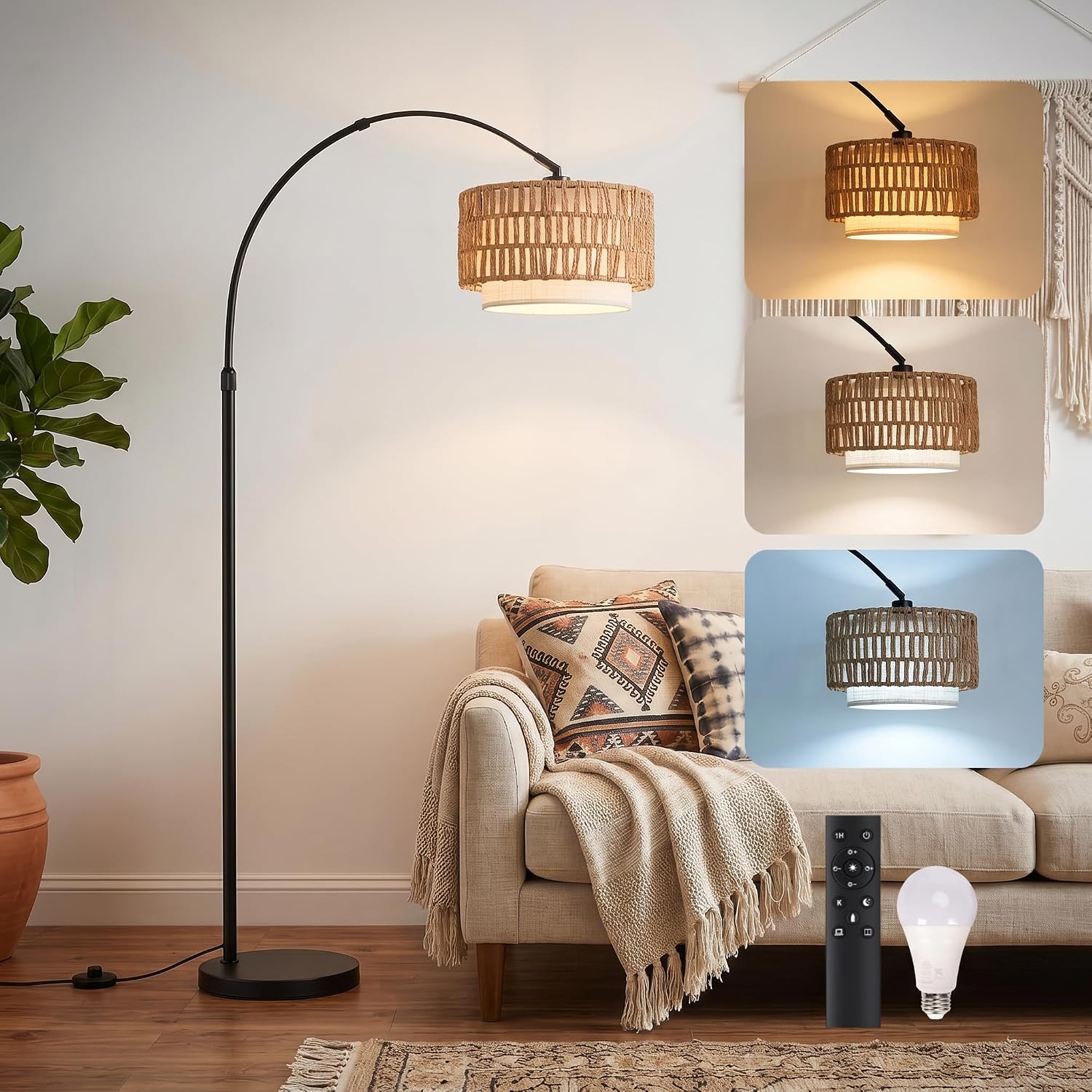 Arc Floor Lamp for Living Room with Remote, 61.5"-72.4" Height Adjust Dimmable LED Floor Lamp with 3 Color Temps, Farmhouse Arched Standing Lamp,Boho Floor Lamp, Arched Floor Lamps for Bedroom, Office