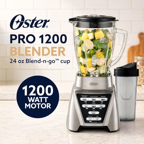 1200 Smoothie Blender with Glass Jar & 24oz To-Go Cup, Countertop Kitchen Blender with 7 Speeds, 1200W Power, Brushed Nickel