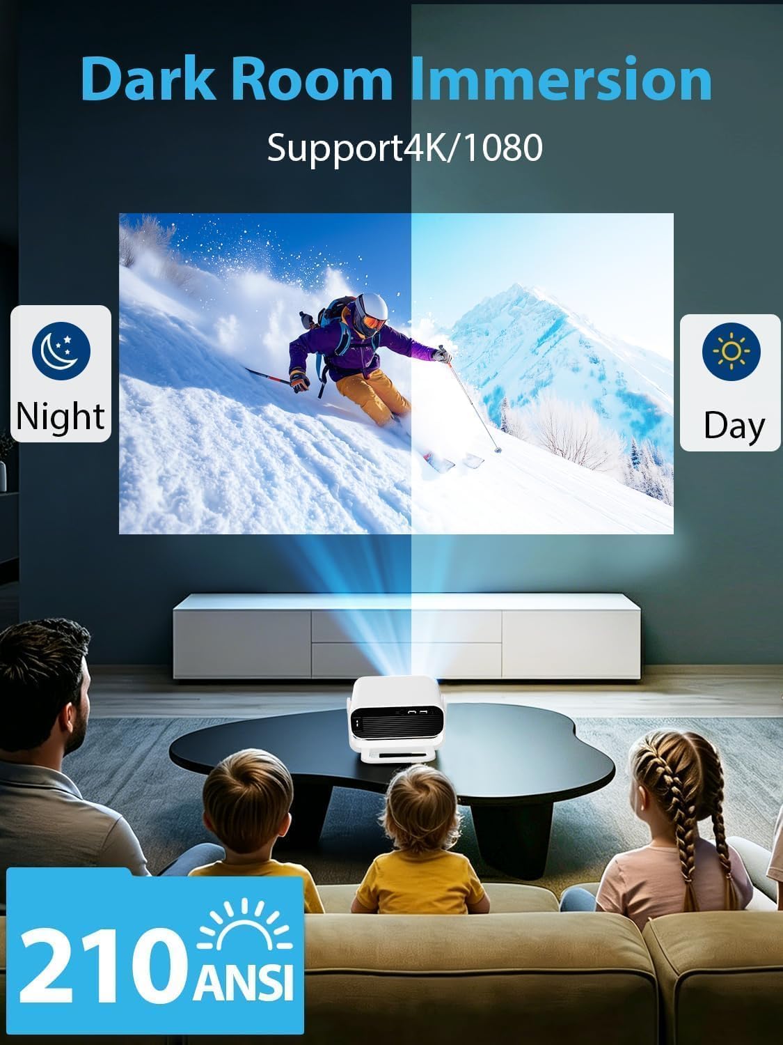 Smart Projector Android 14/TV with WiFi 6 and Bluetooth 5.0 Built in 1000+ Apps 210 ANSI Portable Bedroom Mini Movie Projector Auto Keystone & Zoom-black-and-white
