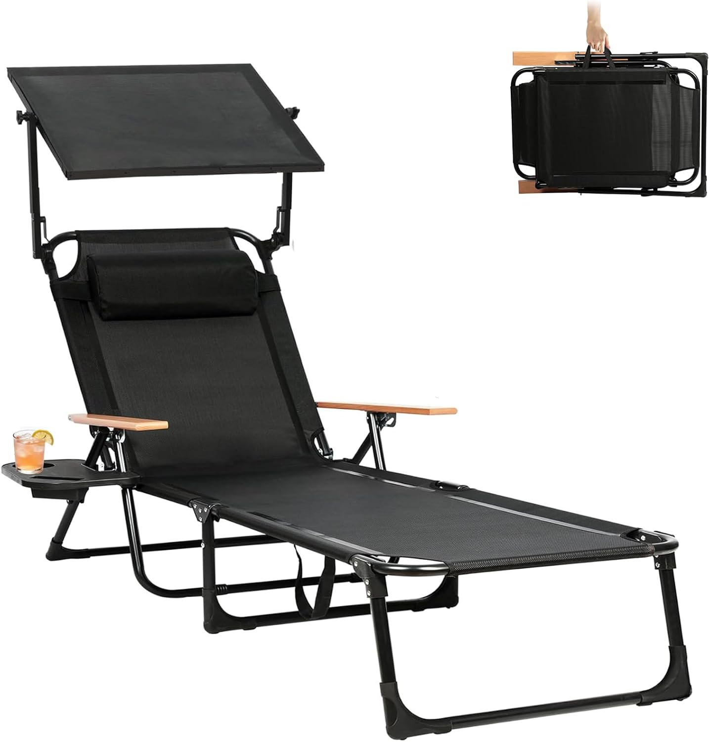 Foldable Lounge Chair with Sunshade, 4-Position Adjustable Outdoor Folding Lounge Chair with Cup Holders and Trays, Sunbathing Chair with Removable Pillow, for Garden, Beach, Patio, Pool