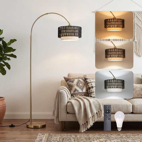 Arc Floor Lamp for Living Room with Remote, 61.5"-72.4" Height Adjust Dimmable LED Floor Lamp with 3 Color Temps, Farmhouse Arched Standing Lamp,Boho Floor Lamp, Arched Floor Lamps for Bedroom, Office