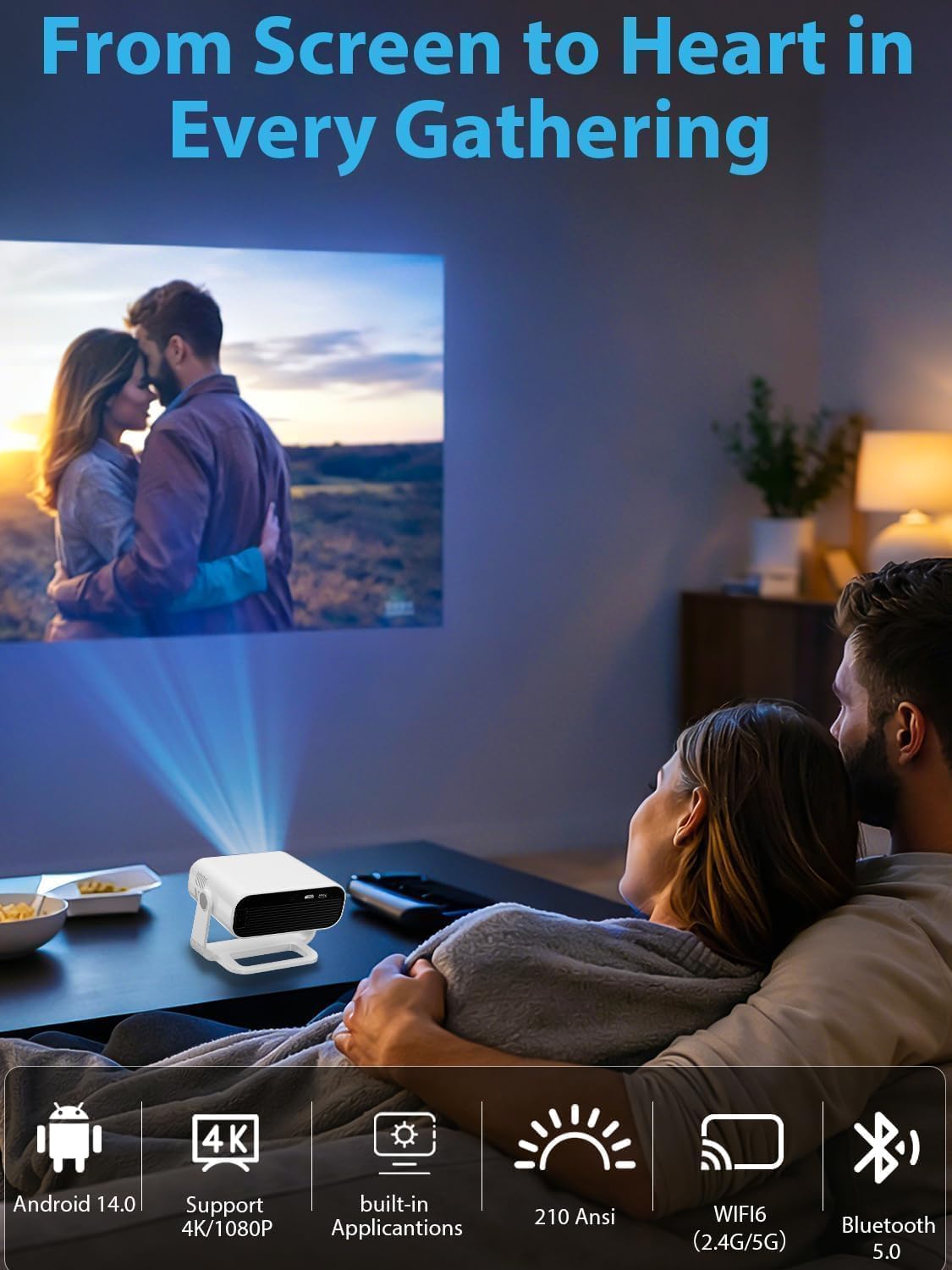Smart Projector Android 14/TV with WiFi 6 and Bluetooth 5.0 Built in 1000+ Apps 210 ANSI Portable Bedroom Mini Movie Projector Auto Keystone & Zoom-black-and-white