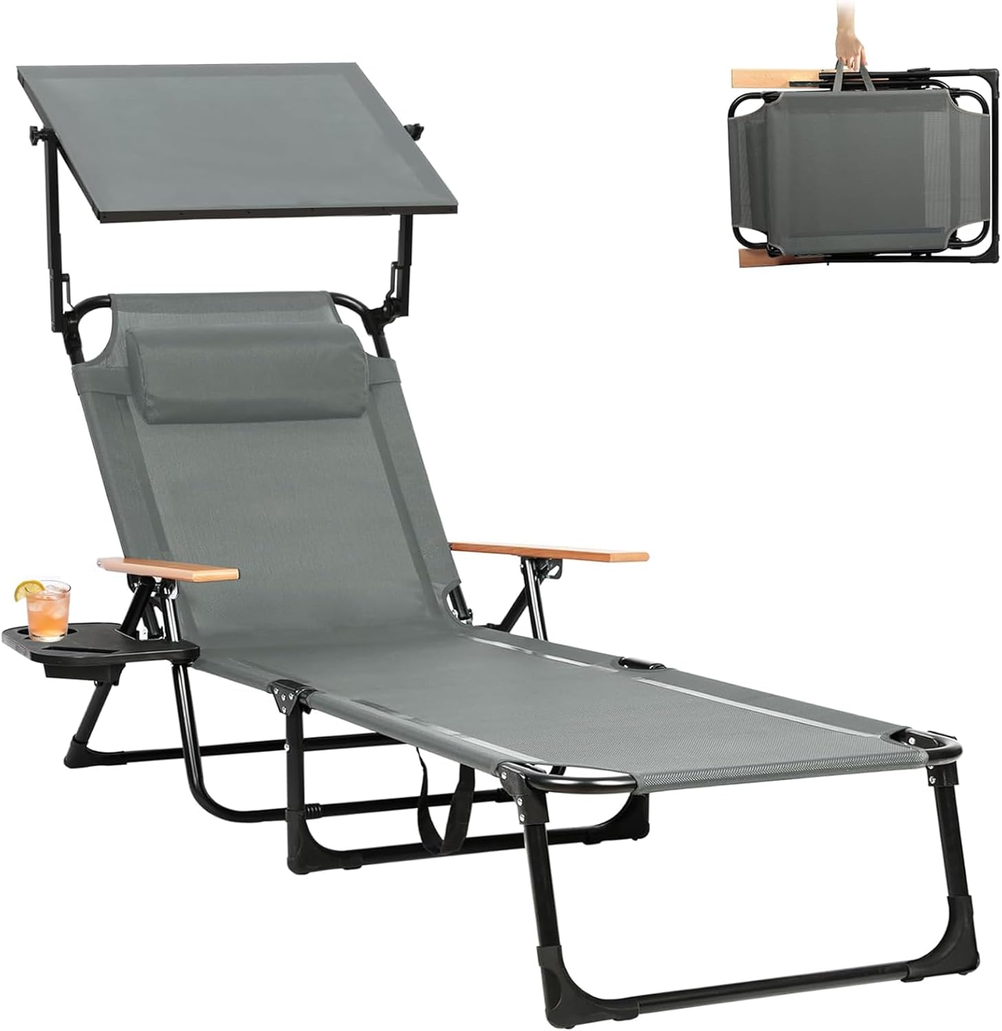 Foldable Lounge Chair with Sunshade, 4-Position Adjustable Outdoor Folding Lounge Chair with Cup Holders and Trays, Sunbathing Chair with Removable Pillow, for Garden, Beach, Patio, Pool