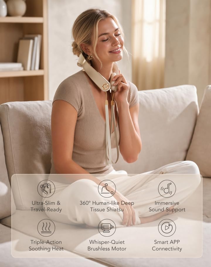 Neck Massager with Heat for Strain Relief Deep Tissue | Birthday Gifts for Women, Red Light Warmth, 360° Bionic Kneading, Cordless Portable Neck and Shoulder Shiatsu Massager