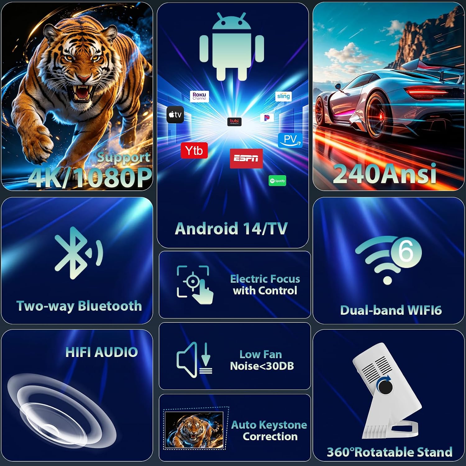 Smart Projector Android 14/TV with WiFi 6 and Bluetooth 5.0 Built in 1000+ Apps 210 ANSI Portable Bedroom Mini Movie Projector Auto Keystone & Zoom-black-and-white