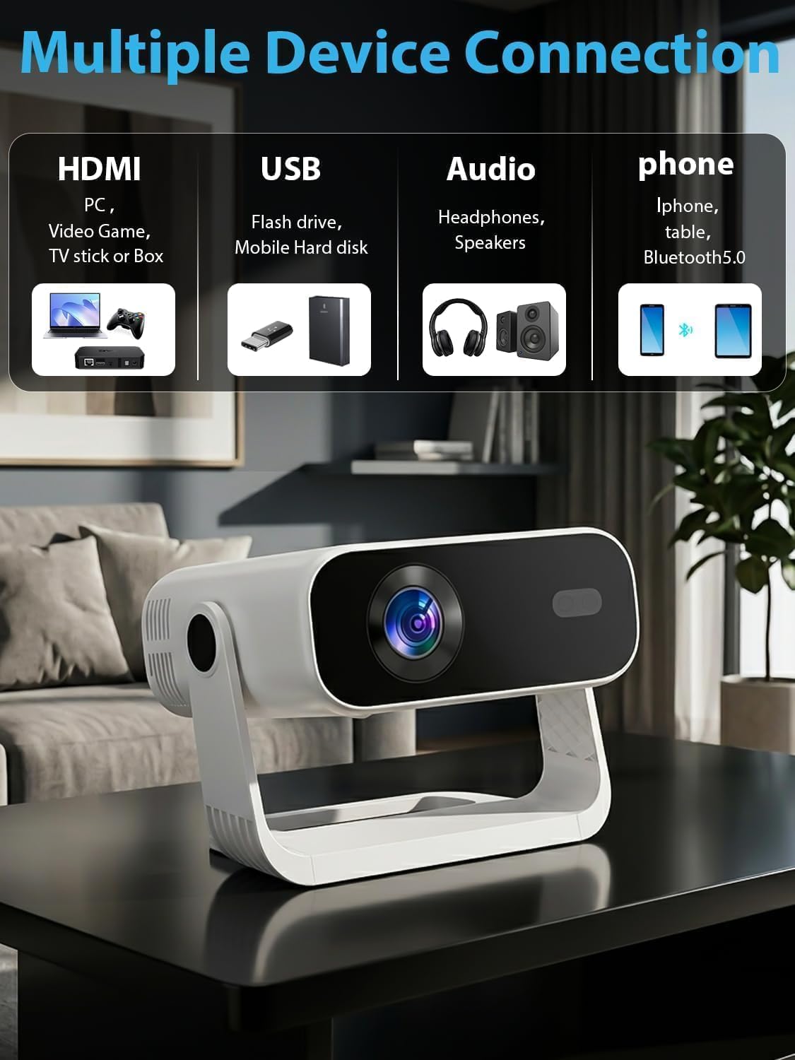 Smart Projector Android 14/TV with WiFi 6 and Bluetooth 5.0 Built in 1000+ Apps 210 ANSI Portable Bedroom Mini Movie Projector Auto Keystone & Zoom-black-and-white
