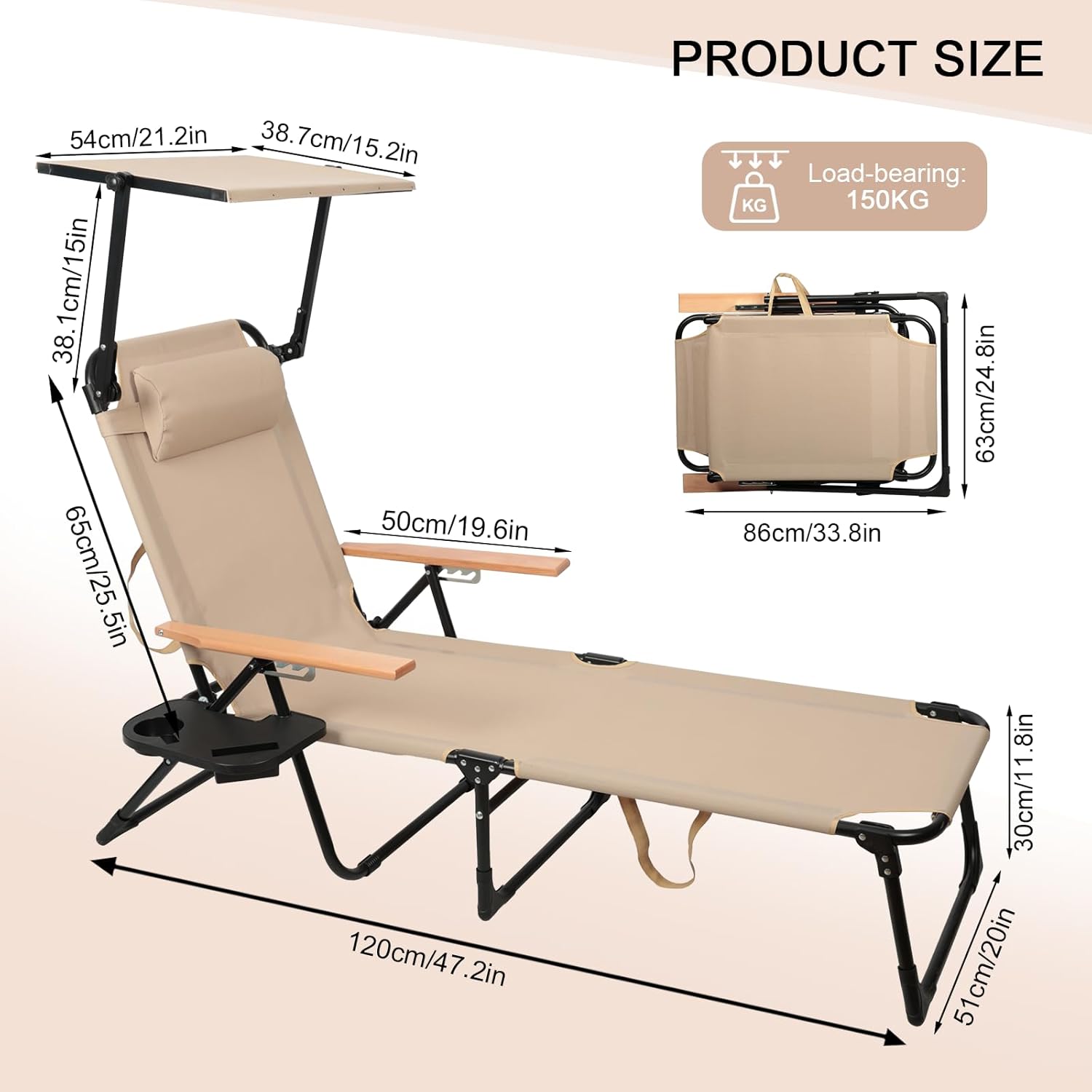 Foldable Lounge Chair with Sunshade, 4-Position Adjustable Outdoor Folding Lounge Chair with Cup Holders and Trays, Sunbathing Chair with Removable Pillow, for Garden, Beach, Patio, Pool