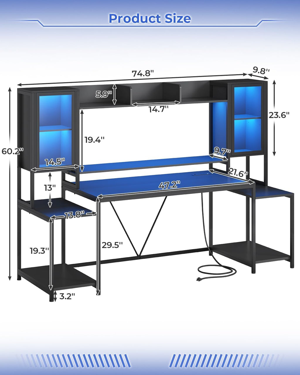 Gaming Desk 74.8'' with LED Lights, Hutch and Storage Shelves, Computer Desk with Monitor Stand, Large PC Gamer Desk Workstation, Ergonomic Gaming Table for Bedroom, Living Room, White