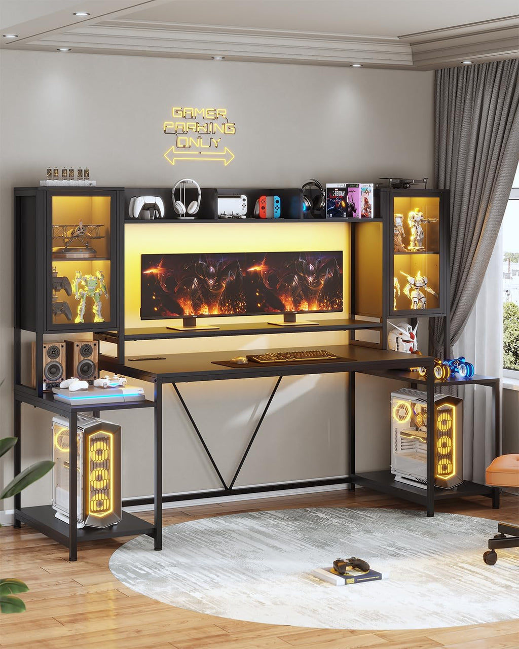 Gaming Desk 74.8'' with LED Lights, Hutch and Storage Shelves, Computer Desk with Monitor Stand, Large PC Gamer Desk Workstation, Ergonomic Gaming Table for Bedroom, Living Room, White