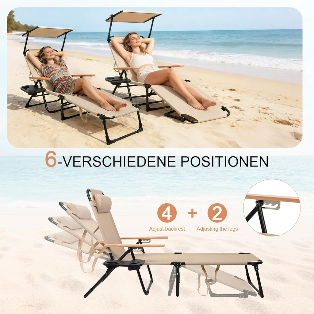 Foldable Lounge Chair with Sunshade, 4-Position Adjustable Outdoor Folding Lounge Chair with Cup Holders and Trays, Sunbathing Chair with Removable Pillow, for Garden, Beach, Patio, Pool
