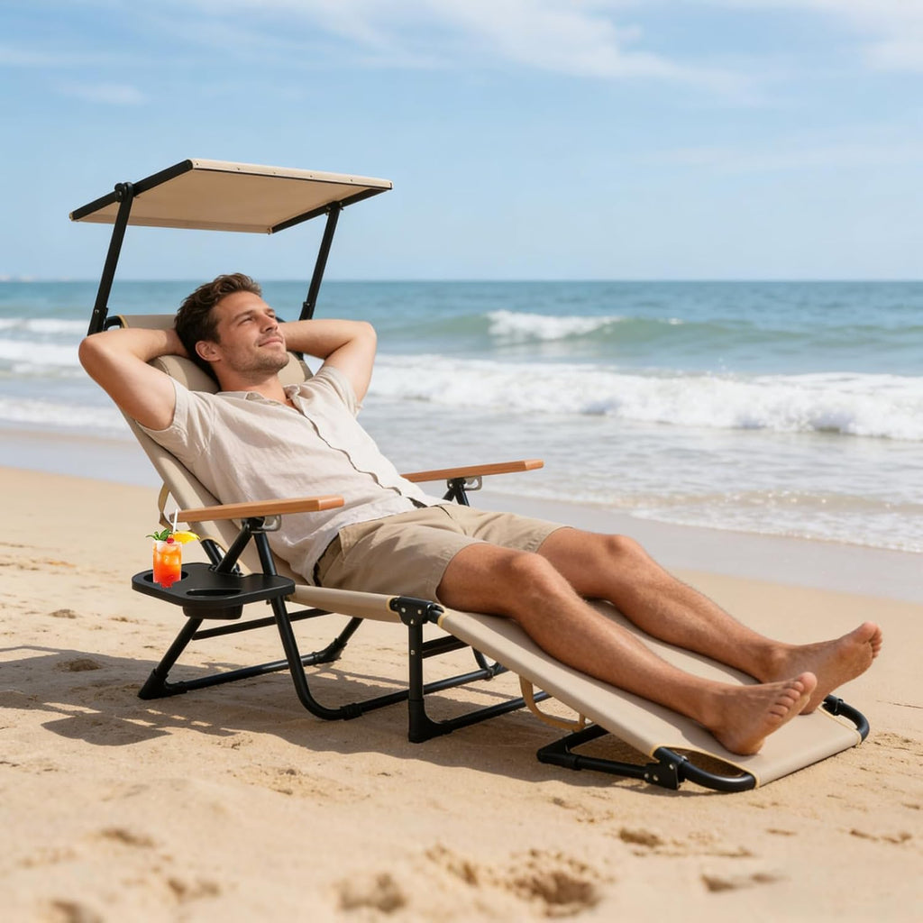 Foldable Lounge Chair with Sunshade, 4-Position Adjustable Outdoor Folding Lounge Chair with Cup Holders and Trays, Sunbathing Chair with Removable Pillow, for Garden, Beach, Patio, Pool