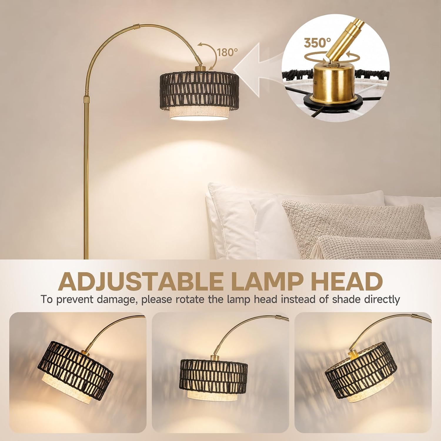 Arc Floor Lamp for Living Room with Remote, 61.5"-72.4" Height Adjust Dimmable LED Floor Lamp with 3 Color Temps, Farmhouse Arched Standing Lamp,Boho Floor Lamp, Arched Floor Lamps for Bedroom, Office