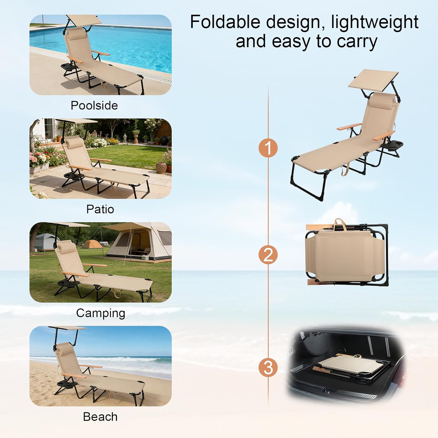 Foldable Lounge Chair with Sunshade, 4-Position Adjustable Outdoor Folding Lounge Chair with Cup Holders and Trays, Sunbathing Chair with Removable Pillow, for Garden, Beach, Patio, Pool
