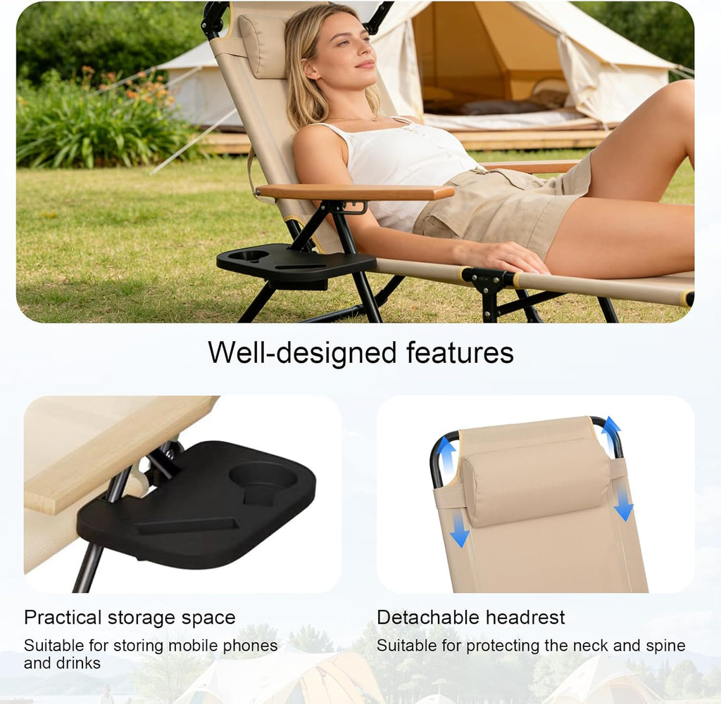 Foldable Lounge Chair with Sunshade, 4-Position Adjustable Outdoor Folding Lounge Chair with Cup Holders and Trays, Sunbathing Chair with Removable Pillow, for Garden, Beach, Patio, Pool