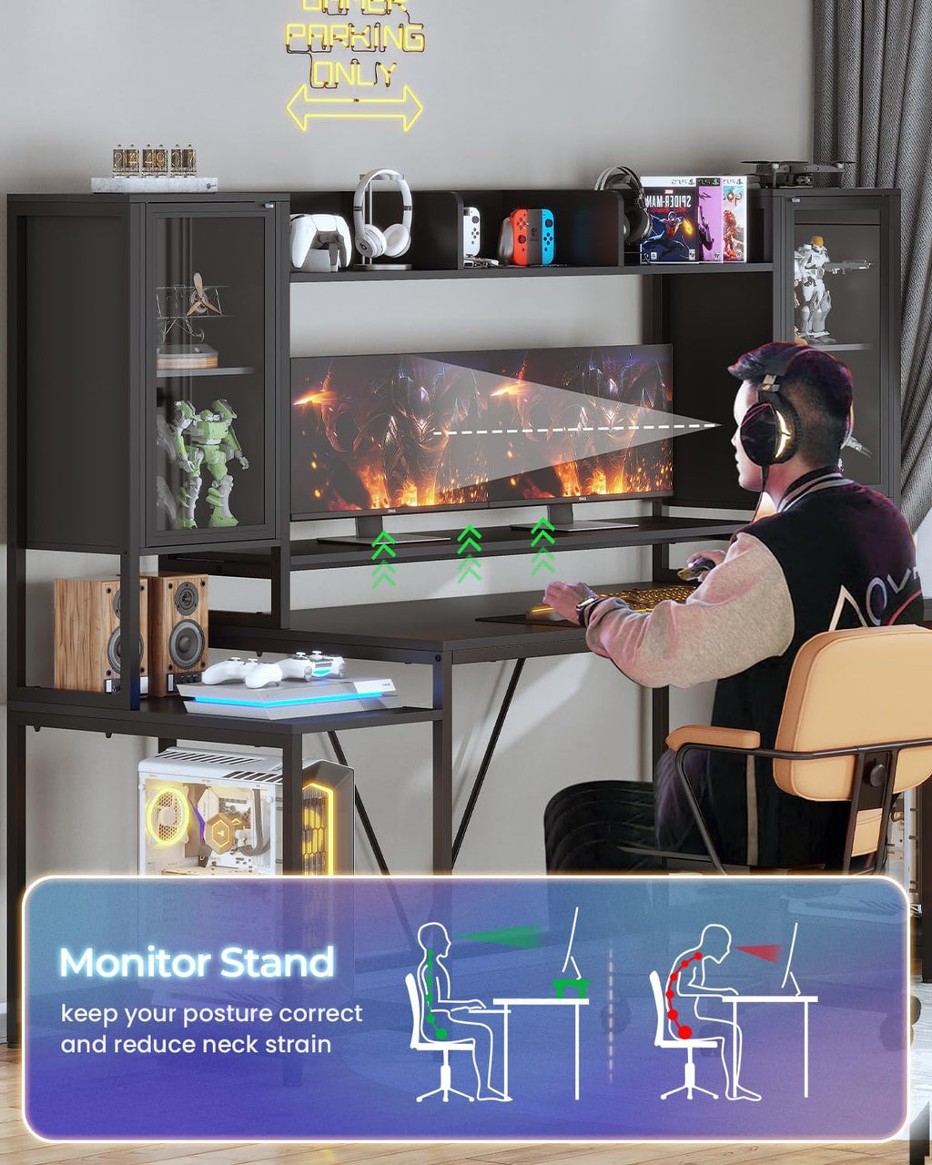Gaming Desk 74.8'' with LED Lights, Hutch and Storage Shelves, Computer Desk with Monitor Stand, Large PC Gamer Desk Workstation, Ergonomic Gaming Table for Bedroom, Living Room, White