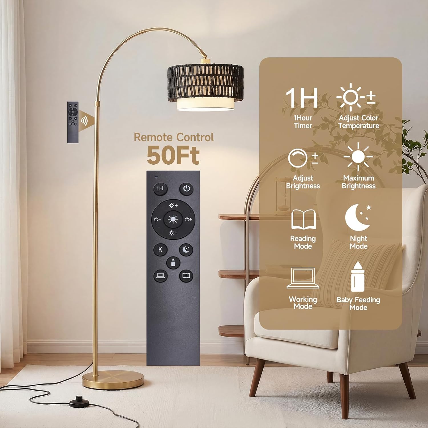 Arc Floor Lamp for Living Room with Remote, 61.5"-72.4" Height Adjust Dimmable LED Floor Lamp with 3 Color Temps, Farmhouse Arched Standing Lamp,Boho Floor Lamp, Arched Floor Lamps for Bedroom, Office