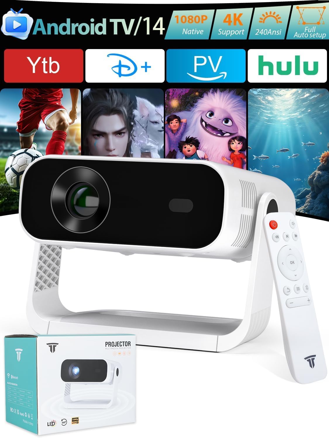 Smart Projector Android 14/TV with WiFi 6 and Bluetooth 5.0 Built in 1000+ Apps 210 ANSI Portable Bedroom Mini Movie Projector Auto Keystone & Zoom-black-and-white