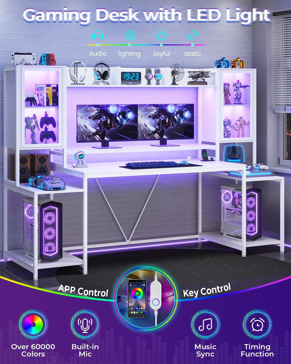 Gaming Desk 74.8'' with LED Lights, Hutch and Storage Shelves, Computer Desk with Monitor Stand, Large PC Gamer Desk Workstation, Ergonomic Gaming Table for Bedroom, Living Room, White