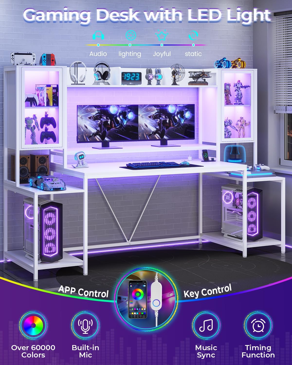 Gaming Desk 74.8'' with LED Lights, Hutch and Storage Shelves, Computer Desk with Monitor Stand, Large PC Gamer Desk Workstation, Ergonomic Gaming Table for Bedroom, Living Room, White