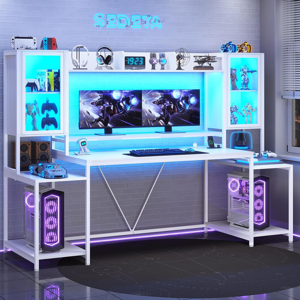 Gaming Desk 74.8'' with LED Lights, Hutch and Storage Shelves, Computer Desk with Monitor Stand, Large PC Gamer Desk Workstation, Ergonomic Gaming Table for Bedroom, Living Room, White