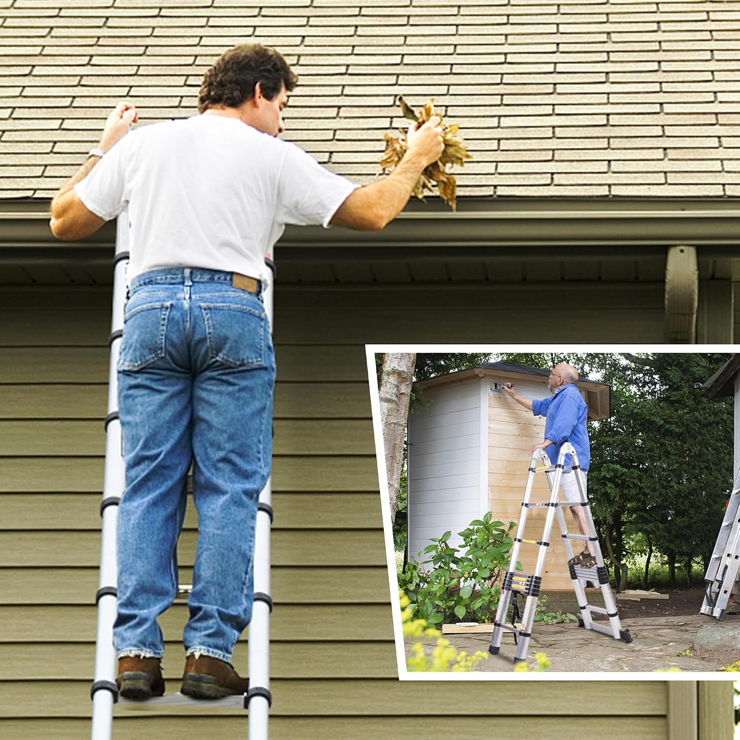 FEETE 16.5FT A-Frame Telescoping Ladder with Wheels - gallery 2