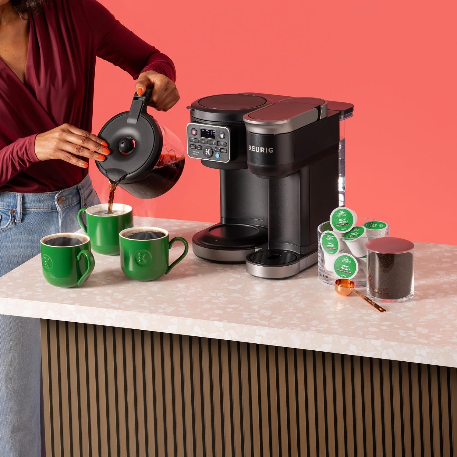 Hot & Iced Single Serve & Carafe Coffee Maker, MultiStream Technology, 72oz Reservoir (Gen 2) | Multistream Tech, Brews K-Cup Pods and Grounds, Brew-over-Ice, Strong and Extra Hot, 6-12 Oz Cups, 6-12 Cup Carafe