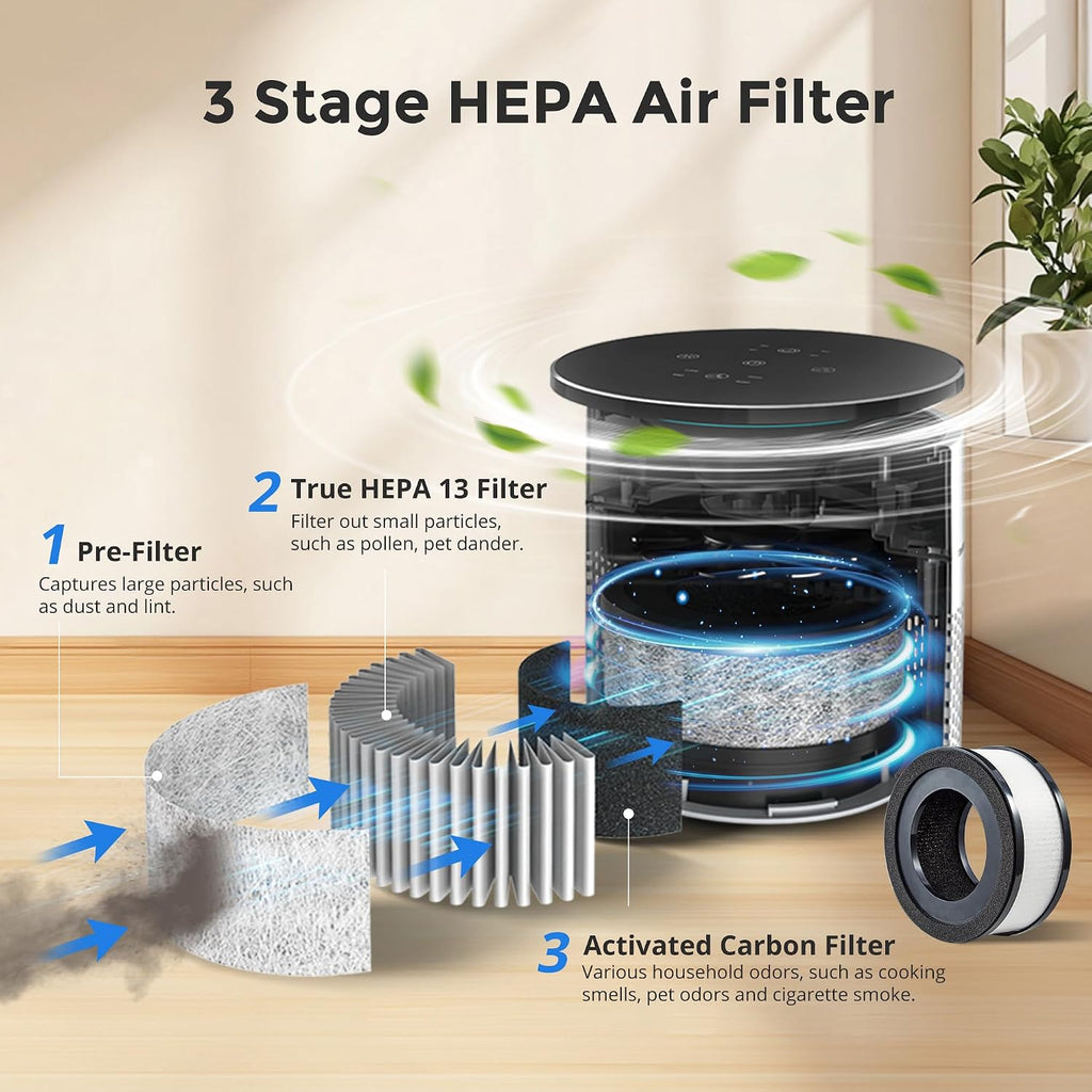 Small Desktop Air Purifier with HEPA Filter for Home and Office | Traps Pollen, Pet Dander & Smoke, Covers up to 250 Sq.Ft., Auto-off Timer, Quiet Sleep Mode, Filter Indicator, Compact